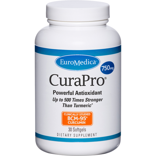 A bottle of EuroMedica CuraPro 750 mg softgels, with blue and white label, 30 count.
