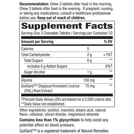 DGL Sugar Free 100 chew tabs by Nature's Way Supplement Facts Label