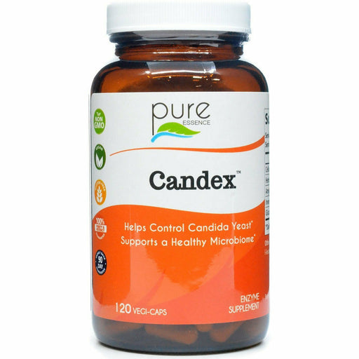 A bottle of Candex capsules by Pure Essence, designed for controlling Candida yeast and supporting a healthy microbiome 120 vegi-caps