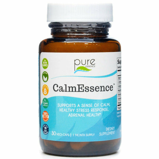 A bottle of Pure Essence CalmEssence supplement capsules, designed for stress relief. 30 vegecap