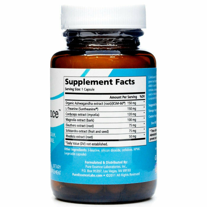 A label of Pure Essence CalmEssence supplement capsules, designed for stress relief. 30 vegecap