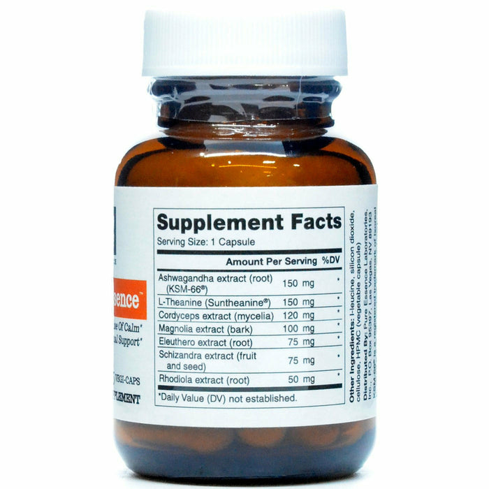 A label of Pure Essence CalmEssence supplement capsules, designed for stress relief 15 vegecap