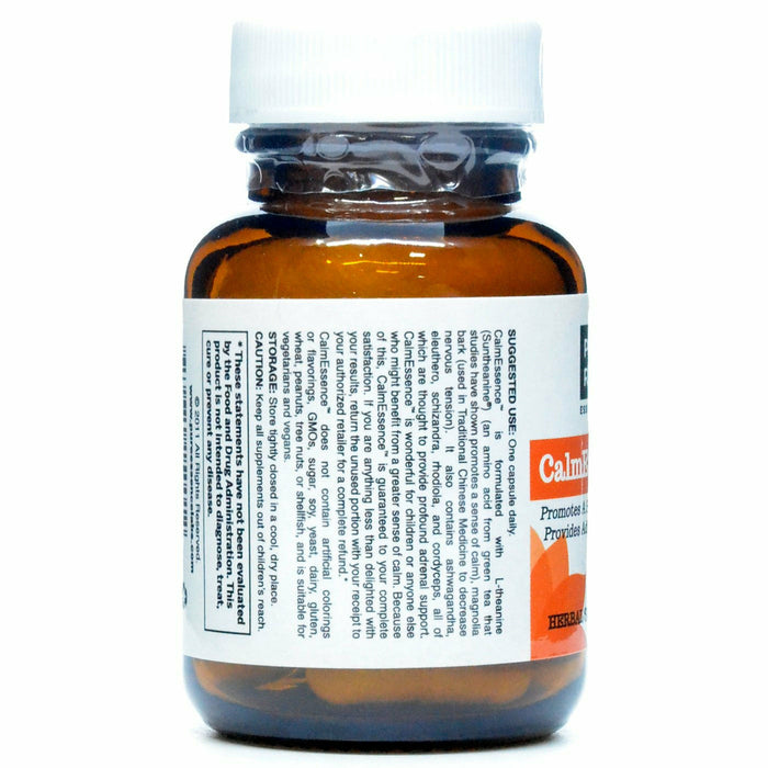 A label of Pure Essence CalmEssence supplement capsules, designed for stress relief. 15 vegecap