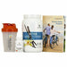 A product image featuring a bottle of NutriDyn Dynamic Detox supplement powder, a shaker bottle, and a booklet with a couple cycling. The background depicts a bright and clean layout, likely representing the product's theme of health and wellness.