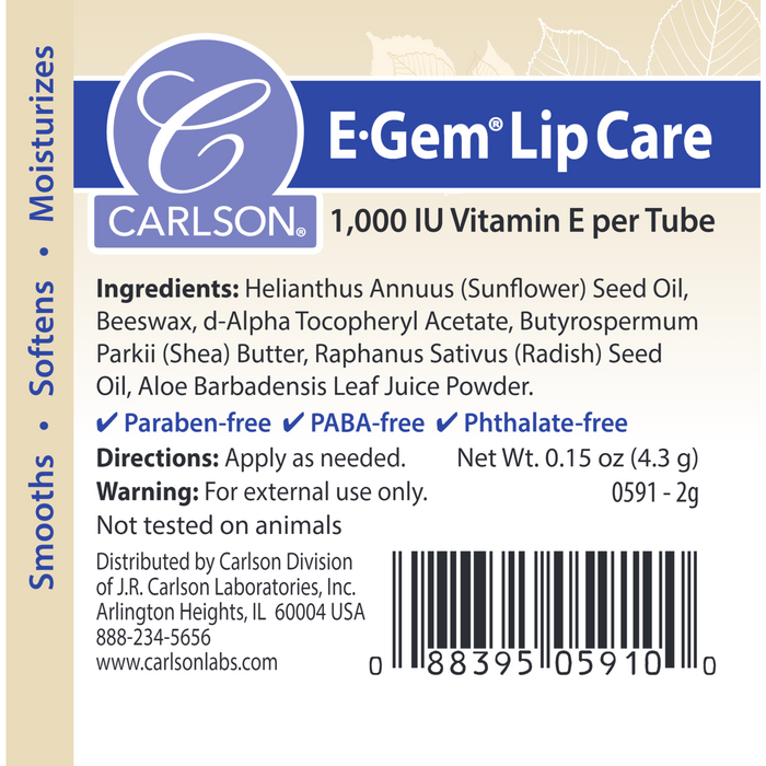 Carlson Labs, E Gem Lip Care 1 Tube Label