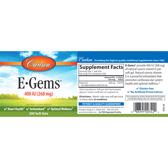 Carlson Labs, E-Gems 400 IU 200 Soft Gels Supplement Facts Label
