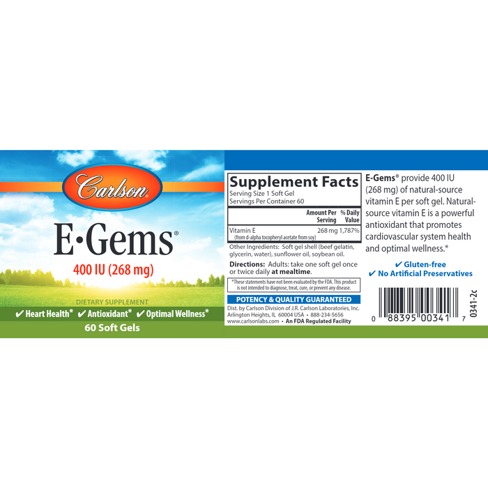 Carlson Labs, E-Gems 400 IU (268 mg) 60 Soft Gels Supplement Facts Label