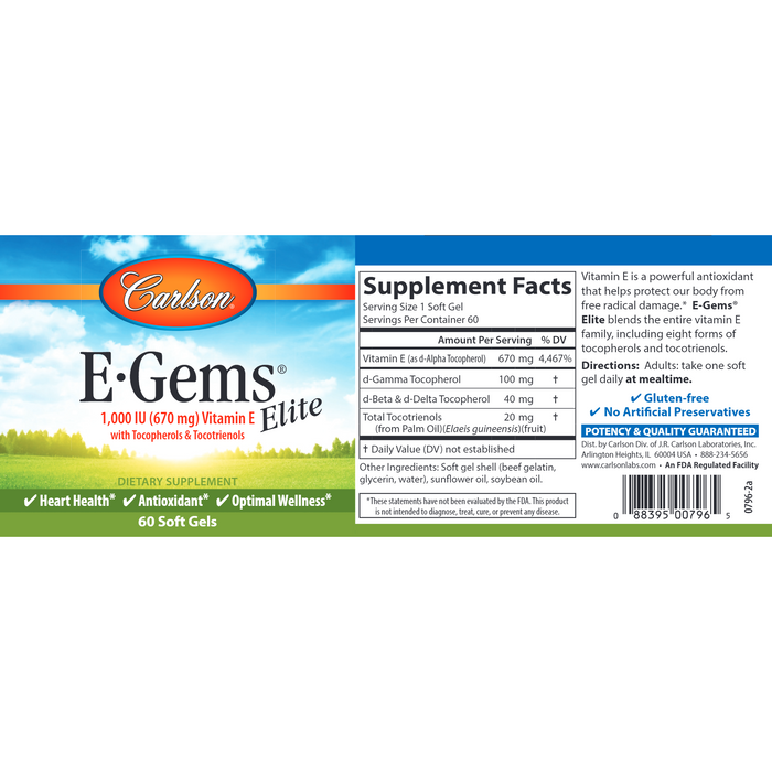 Carlson Labs, E-Gems Elite 1,000 IU 60 Soft Gels Supplement Facts Label