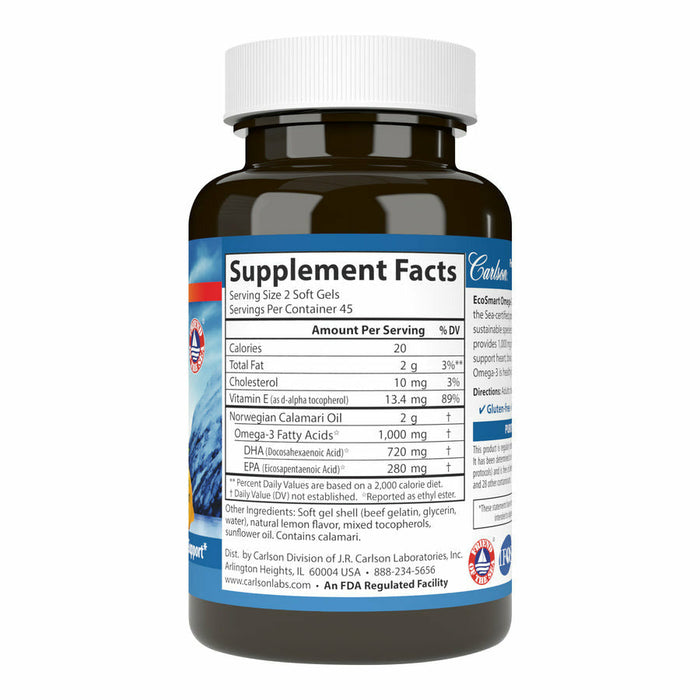 Carlson Labs, EcoSmart Omega-3 90 + 30 Soft Gels Label