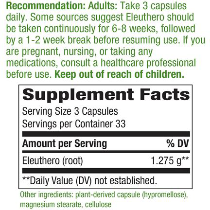 Siberian Eleuthero Root 100 caps by Nature's Way Supplement Facts