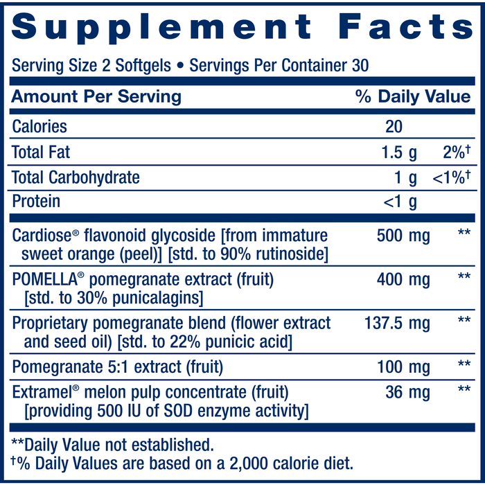 Life Extension, Endothelial Defense Pomegranate Plus 60 Softgels Supplement Facts Label