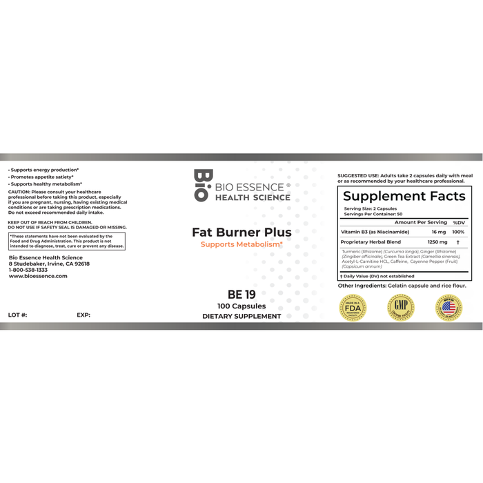 Bio Essence Health Science, Fat Burner Plus 100 Capsules Supplement Facts Label