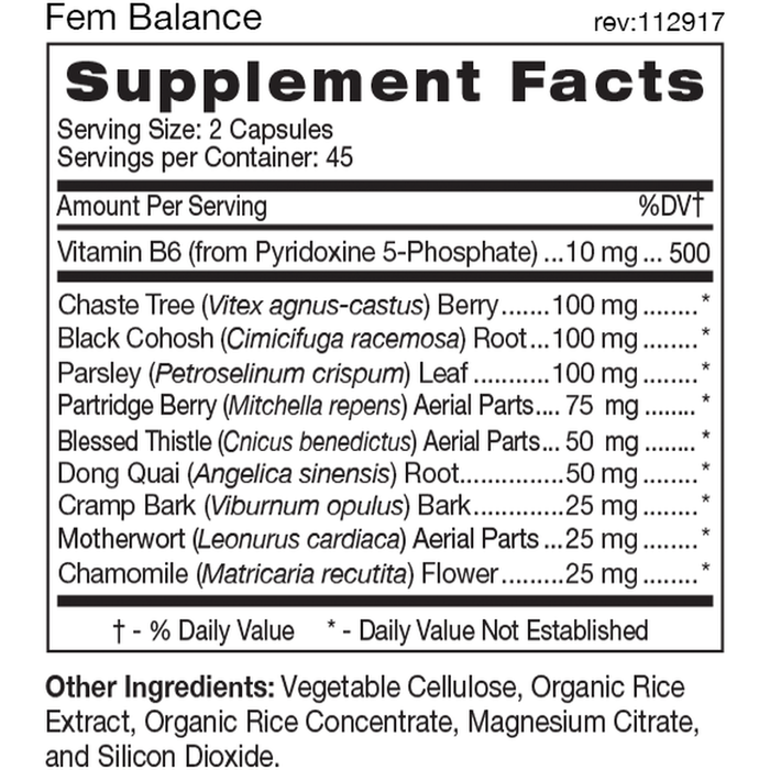 D'Adamo Personalized Nutrition, Fem Balance 90 Capsules Supplement Facts Label