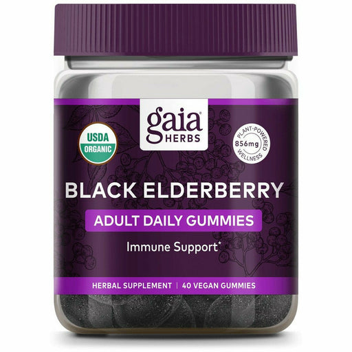 A bottle of Gaia Herbs Black Elderberry Adult Daily 40 Gummies 
