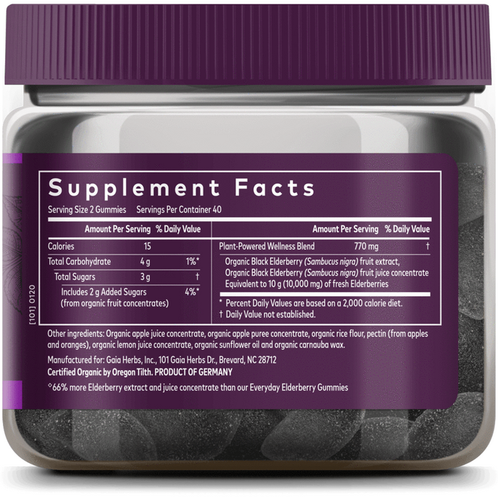 Black Elderberry Extra Strength 80 vgummies by Gaia Herbs Supplement Facts