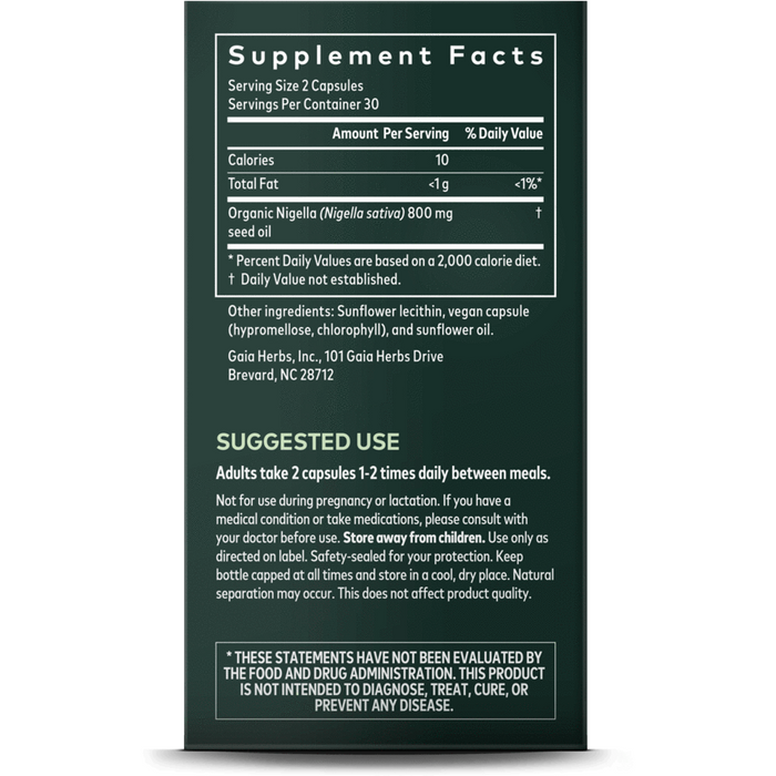 Black Seed Oil 60 caps by Gaia Herbs Supplement Facts