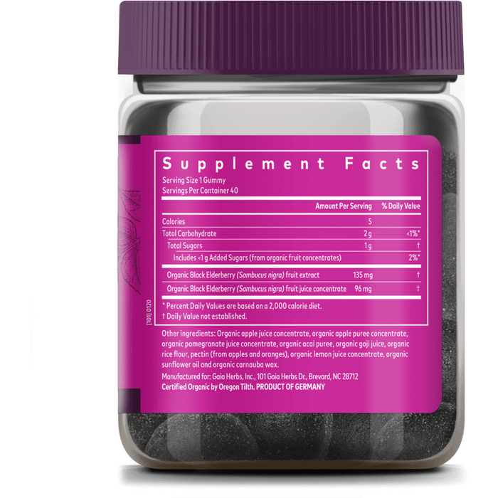 GaiaKids Everyday Elderberry 40 vegan gummies by Gaia Herbs Supplement Facts