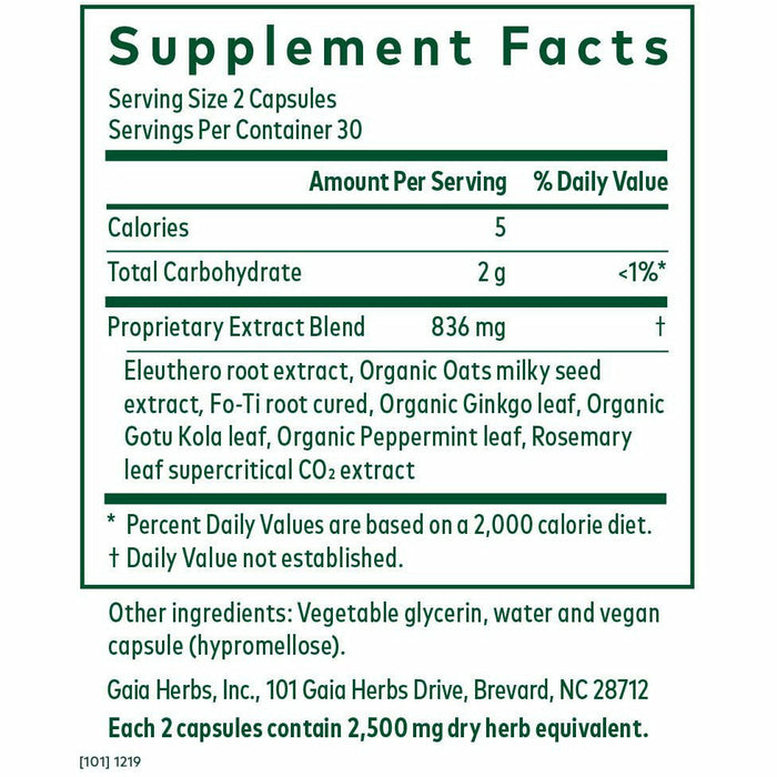 Gaia Herbs, Cognitive Formula 60 lvcaps Supplement Facts Label