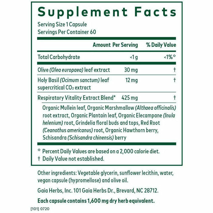 Daily Lung Formula 60 caps by Gaia Herbs Supplement Facts Label