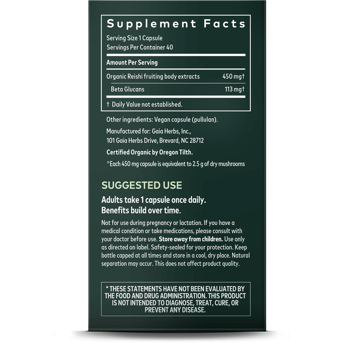 Supplement Facts, Gaia Herbs, Reishi Mushroom 40 Caps