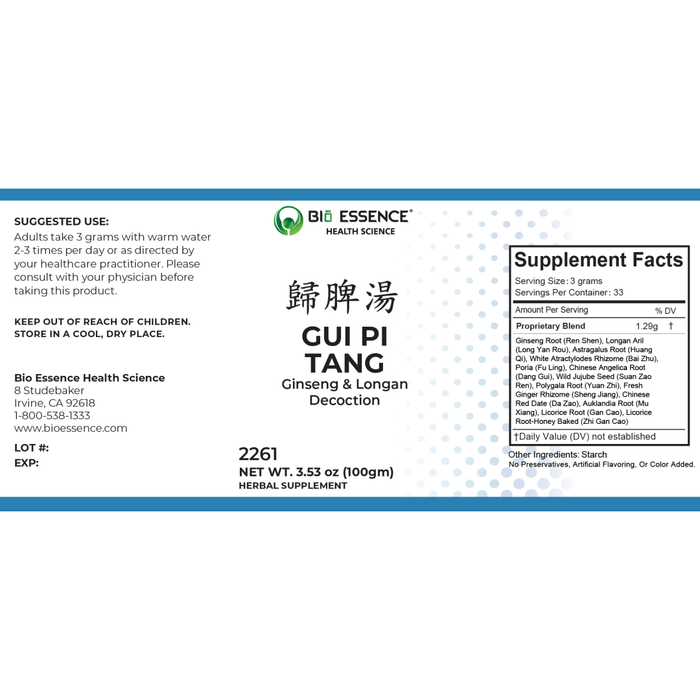 Bio Essence Health Science, Gui Pi Tang 3.53 oz Supplement Facts Label