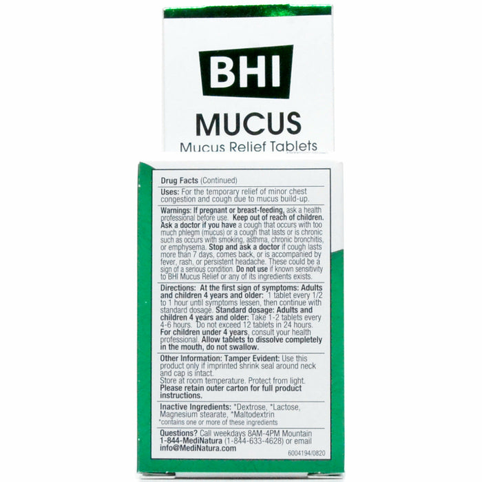 Heel/BHI, Mucus Relief 100 tabs Drug Facts Cont.