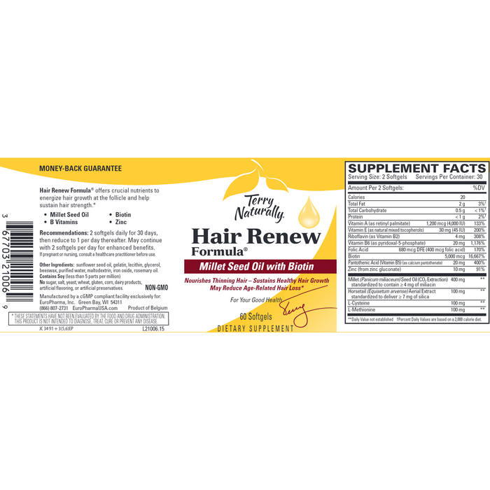 Terry Naturally, Hair Renew 60 Softgels Supplement Facts Label