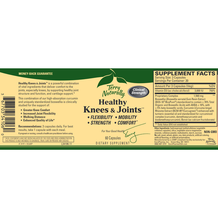 Terry Naturally, Healthy Knees & Joints 60 Capsules Supplement Facts Label