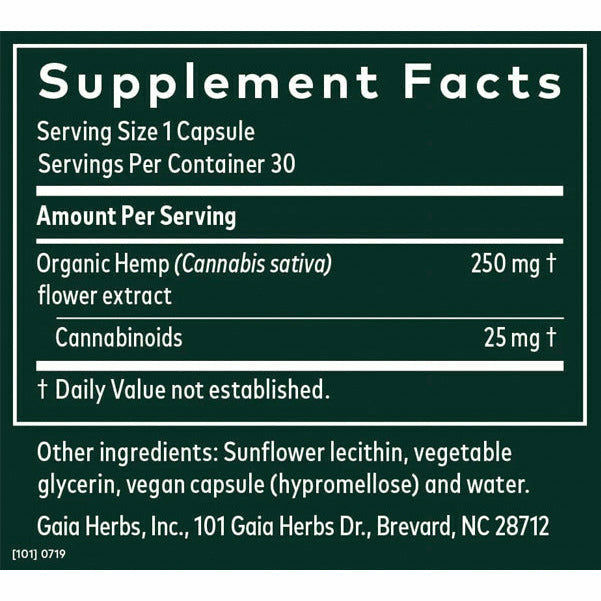 Gaia Herbs. Hemp 25 mg 30 Capsules Supplement Facts Label