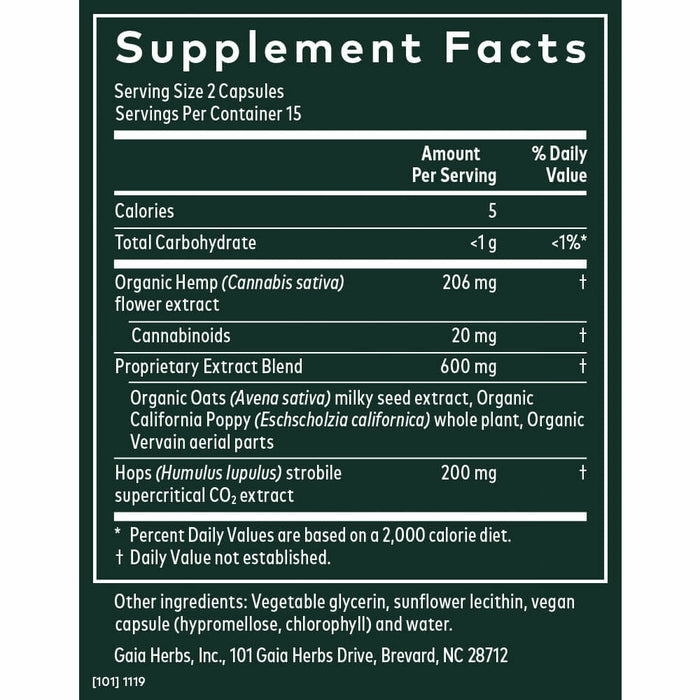 Gaia Herbs, Hemp & Herbs Sleep 30 Capsules Supplement Facts Label