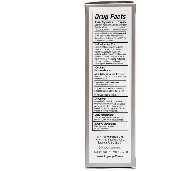 Homeopathic Silver First Aid Gel 2 oz by Argentyn 23 Ingredients Label