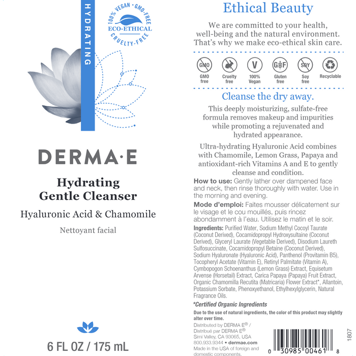 DermaE Natural Bodycare, Hydrating Gentle Cleanser 6 Fl. Oz. Label