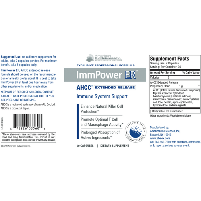 American BioSciences, ImmPower ER AHCC 60 Capsules Supplement Facts Label