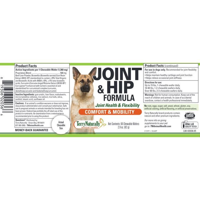 Terry Naturally, Joint & Hip Formula 60 Chewable Wafers Product Facts Label