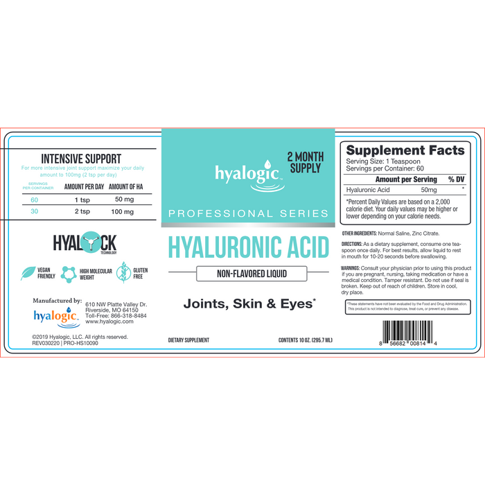Hyalogic, Joints, Skin & Eyes HA Liquid 10 oz Supplement Facts Label