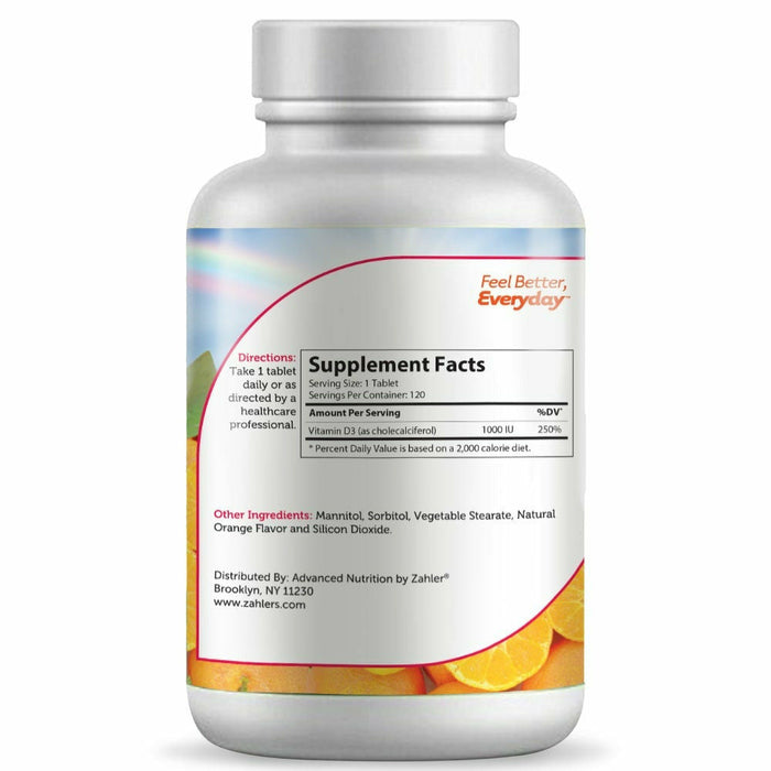 Advanced Nutrition by Zahler, Junior D3 Chewable 120 Tablets Supplement Facts Label