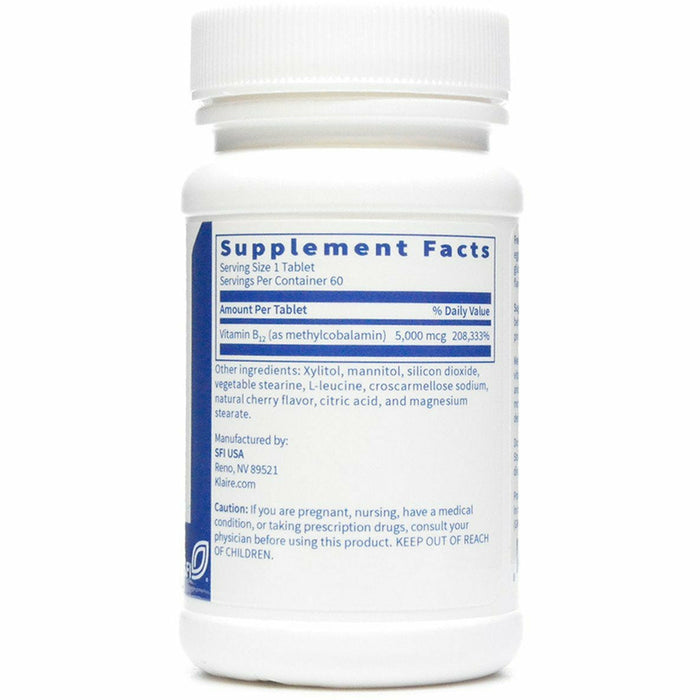 Methylcobalamin 60 tabs By Klaire Labs Supplement Facts Label