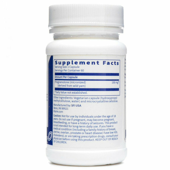 Pregnenolone 100 mg 60 vcaps by Klaire Labs Supplement Facts Label
