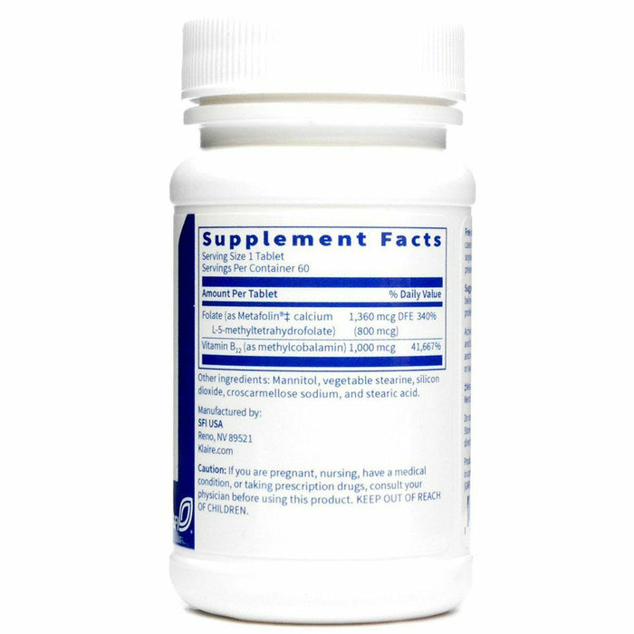 Active B12-Folate 60 Tabs by Klaire Labs Supplement Facts Label