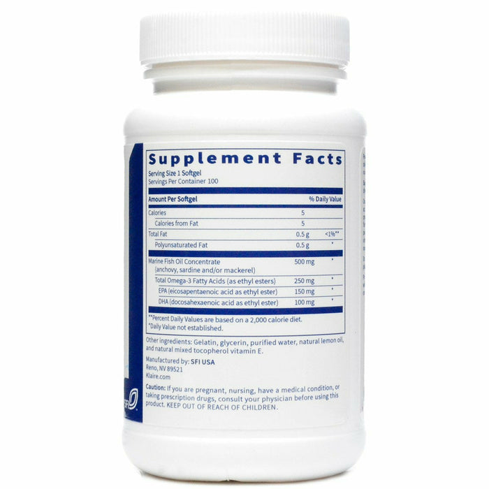 Omega-3 Mini Fish Oil 100 gels by Klaire Labs Supplement Facts Label