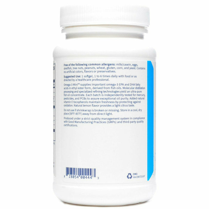 Omega-3 Mini Fish Oil 100 gels by Klaire Labs Information Label