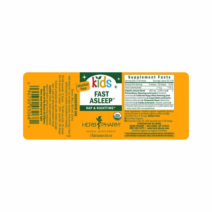 Herb Pharm, Kids Fast Asleep Alcohol Free 1 fl oz Supplement Facts Label