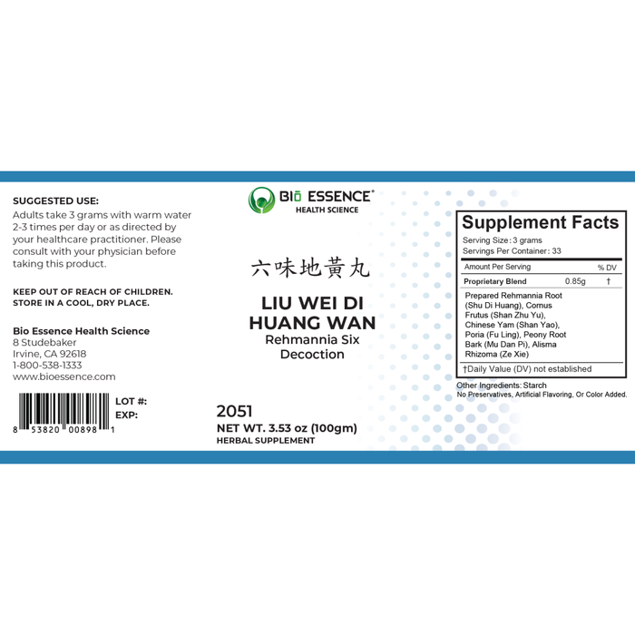Bio Essence Health Science, Liu Wei Di Huang Wan 3.53 oz Supplement Facts Label