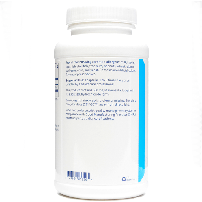 L-Lysine 500 mg 100 caps By Klaire Labs Suggested Usage Label