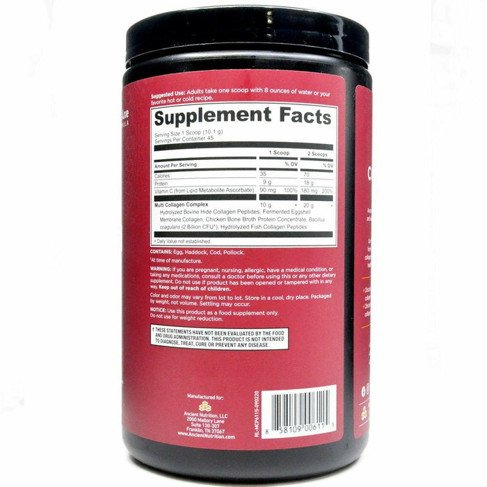 Multi Collagen Protein Powder (Unflavored) by Ancient Nutrition Supplement Facts Label