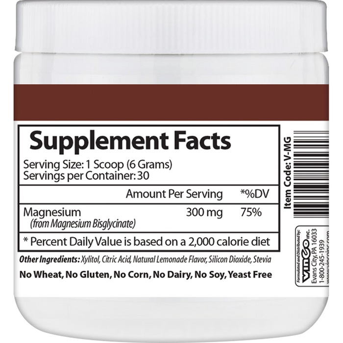 Vinco, Magnesium Bisglycinate 6.35 oz Supplement Facts Label
