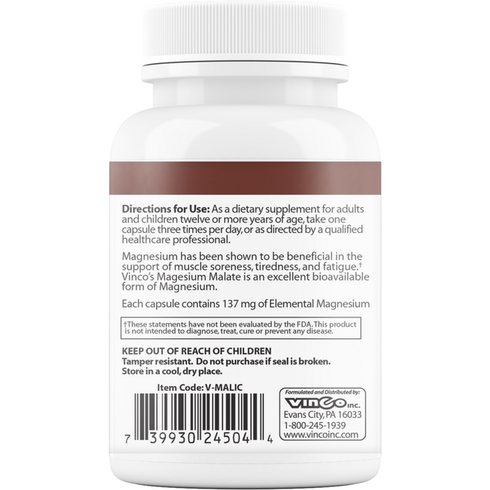 Vinco, Magnesium Malate 90 Capsules Label