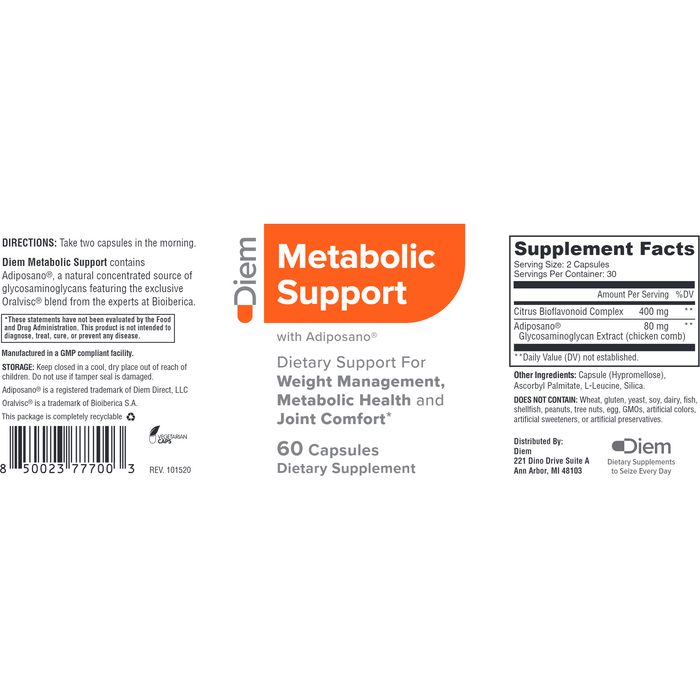 Diem, Metabolic Support 60 Capsules Supplement Facts Label