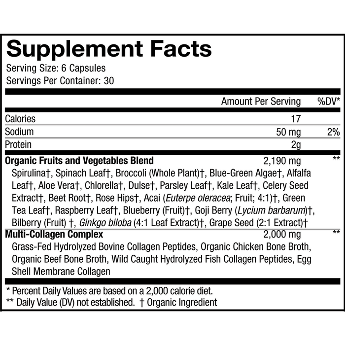 CodeAge, Multi Collagen Raw Greens 180 Capsules Supplement Facts Label