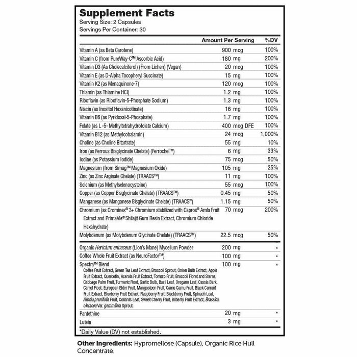 Advanced Nutrition by Zahler, Multivitamin Brainfood 60 Capsules Supplement Facts Label